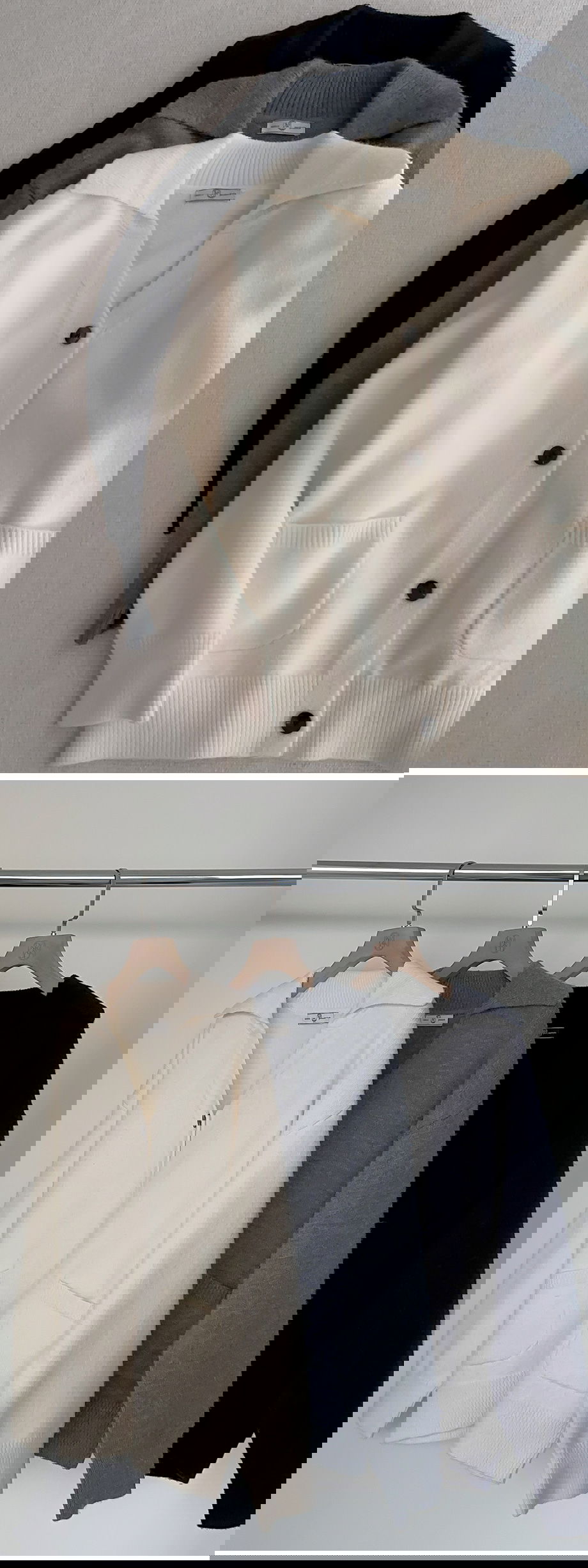 리리앤코 오벨니아 오픈카라 루즈핏 브이넥 니트 가디건