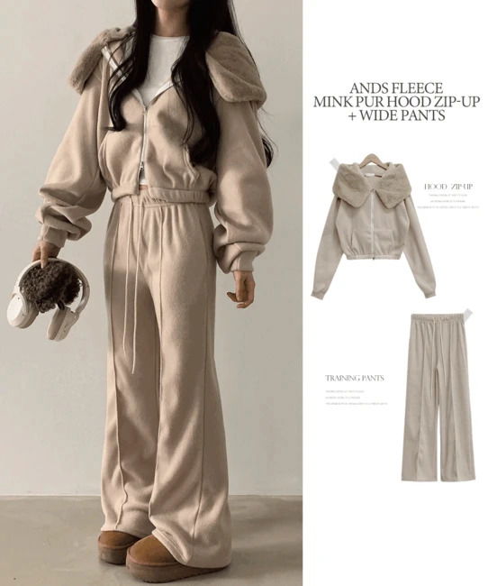 Anzu Fleece Mink Fur Two-Way Hooded Zip-Up + Banded Wide Pants