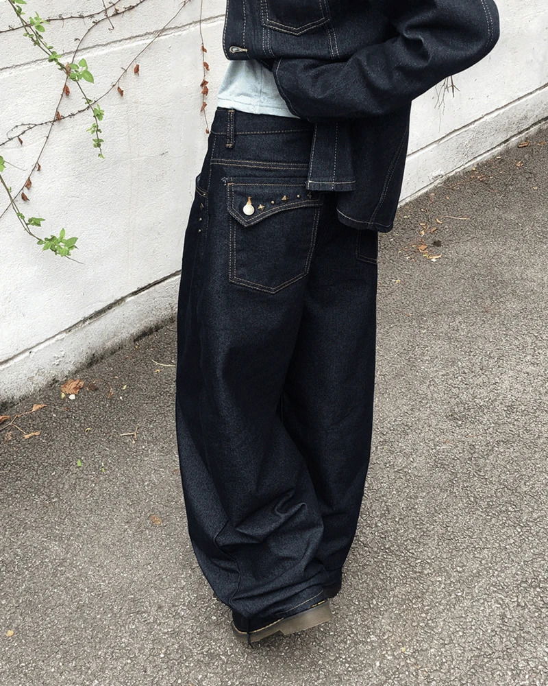DB Studded Ching Pocket Balloon Fit Wide Denim Long Pants