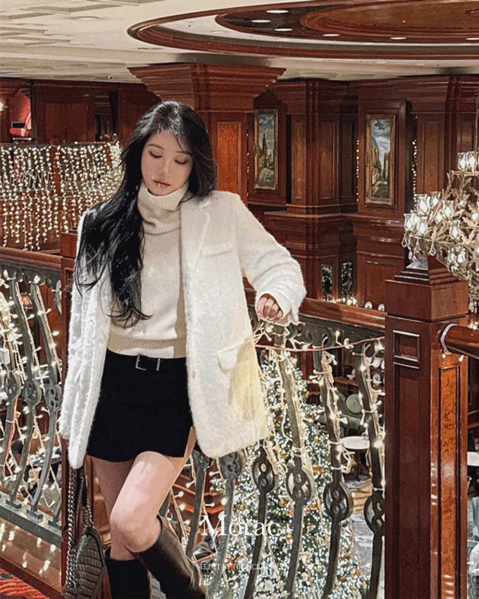 モラックテーラードカラーシングルボタンショルダーパッド付きポケットスリット入りヘアリーアンゴラ冬シングルジャケット