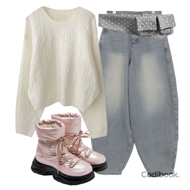 noirmute 페태루 도트 포켓 벨트백 DOT POCKET BELTBAG,ondeed 코이니 벌룬핏 데님 와이드 팬츠,JASMINBELL 히누 울 꽈배기 포근 아방 라운드 세미 크롭 긴팔 니트 폭닥 도톰 긴팔 루즈핏 사이즈선택 체형커버 캐주얼 데일리등을 매치한 코디