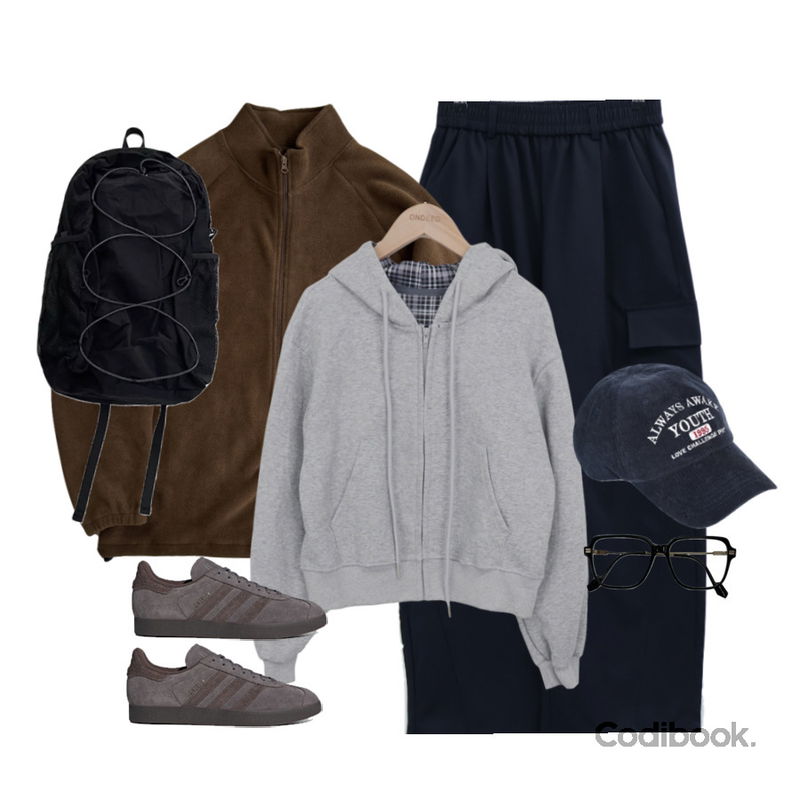 AAKE LIGHTWEIGHT BACKPACK (4color),AAKE NERDY SQUARE GLASSES (4color),BEIDELLI 골덴 코듀로이 유스 볼캡 모자등을 매치한 코디