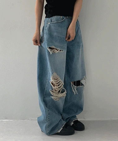 拉維爾破損感寬版牛仔褲