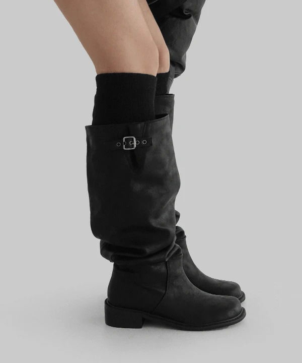 Foreld shirring knee-high strap long boots 靴子