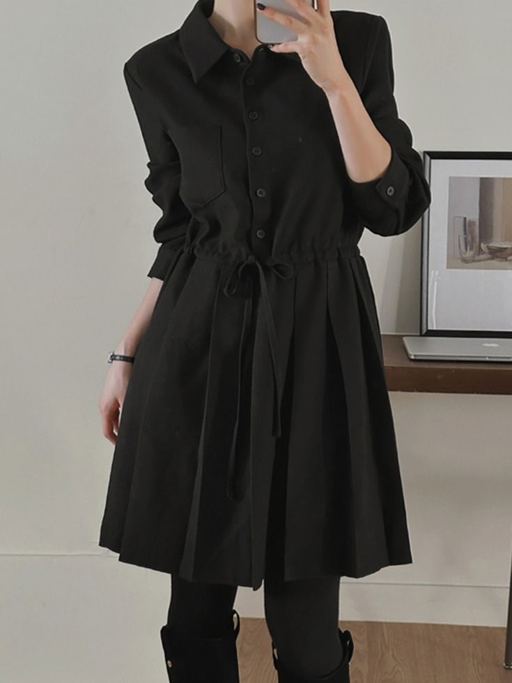 Pleated peach Fleece-lined collar pleated mini Dress