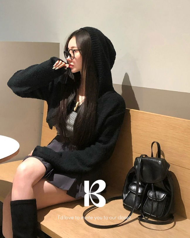 炸醬麵捲毛連帽短版針織罩衫