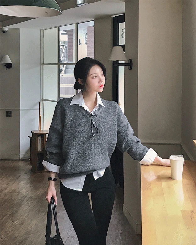 溫柔舒適V領羊毛寬鬆針織上衣