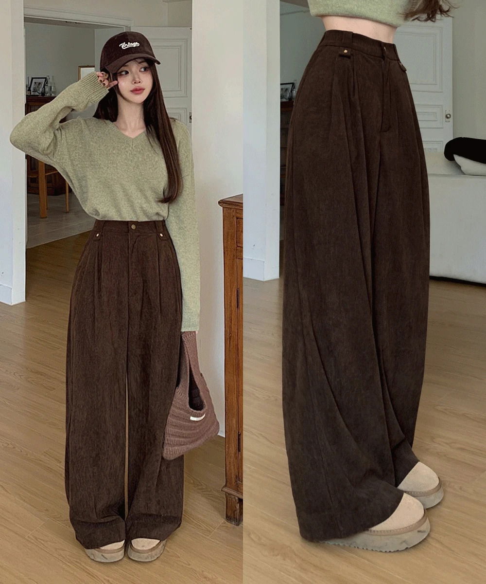 SLサイズ バックゴムコーデュロイピンタックロングワイドパンツ