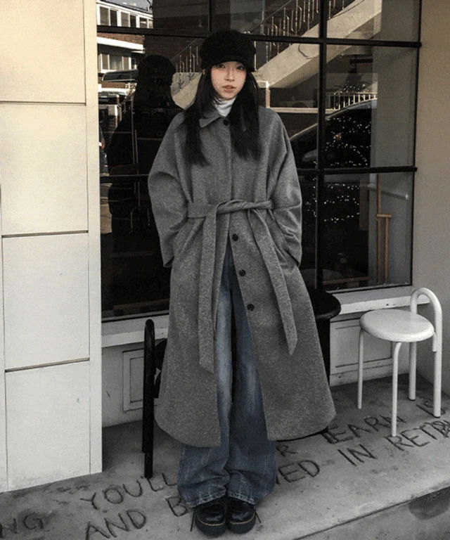 싱글 카라 허리 스트랩 모직 롱코트