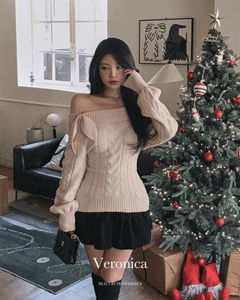 Veronica Off-Shoulder Ribbon Twisted Waist Cinched Rib Twisted A-Line Long Sleeve Knitwear for the End of the Year Winter