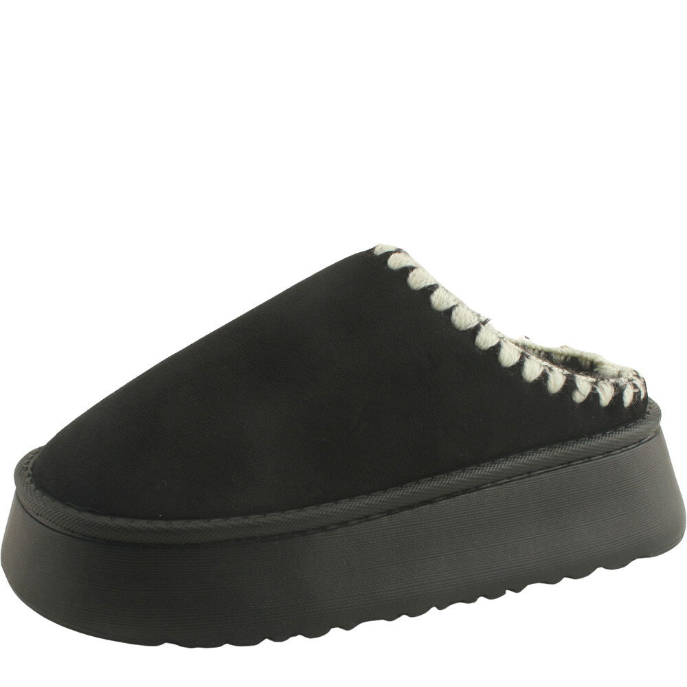 퍼 방한화 스웨이드 통굽 털 슬리퍼 5cm 블랙