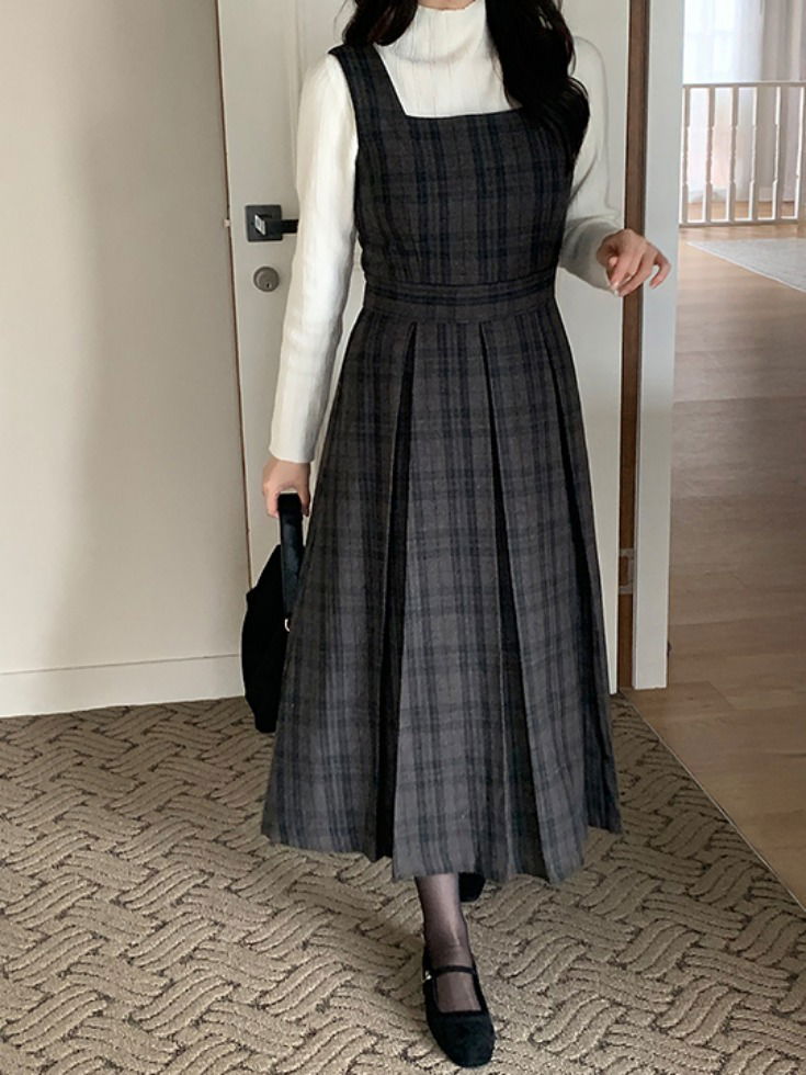 [ウール15％] スクエアネックチェックインバーテッドビスチェロングワンピース