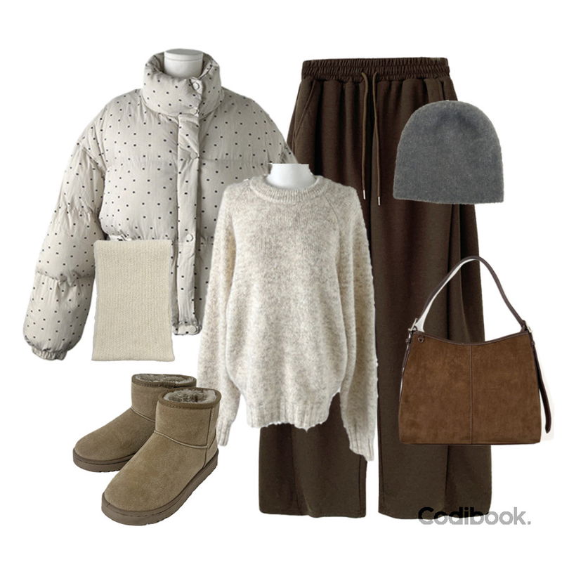 kim9hope 96 square bag,anyonemore 벤자 어그 양털 숏 부츠 (5color),anyonemore 그렘 잔꽃 하이넥 스트링 패딩 (4color)등을 매치한 코디