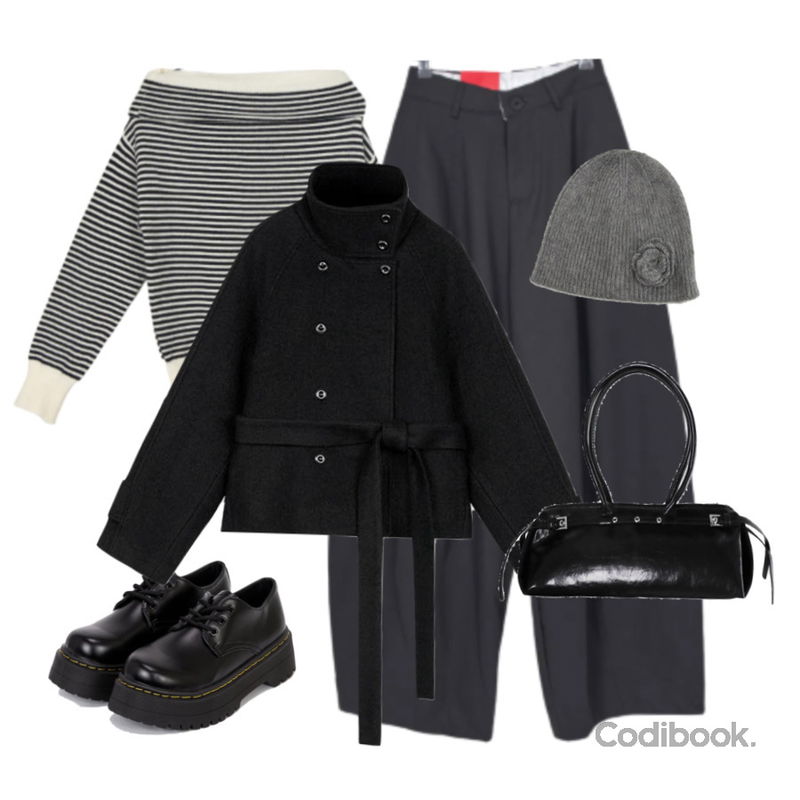 FloridaStudio 에브리데이 카론 청키 더비 슈즈 ED2531,BEIDELLI 센터 허리끈 울 숏 코트,wonderwonder 키무 호피 바게트 숄더백등을 매치한 코디