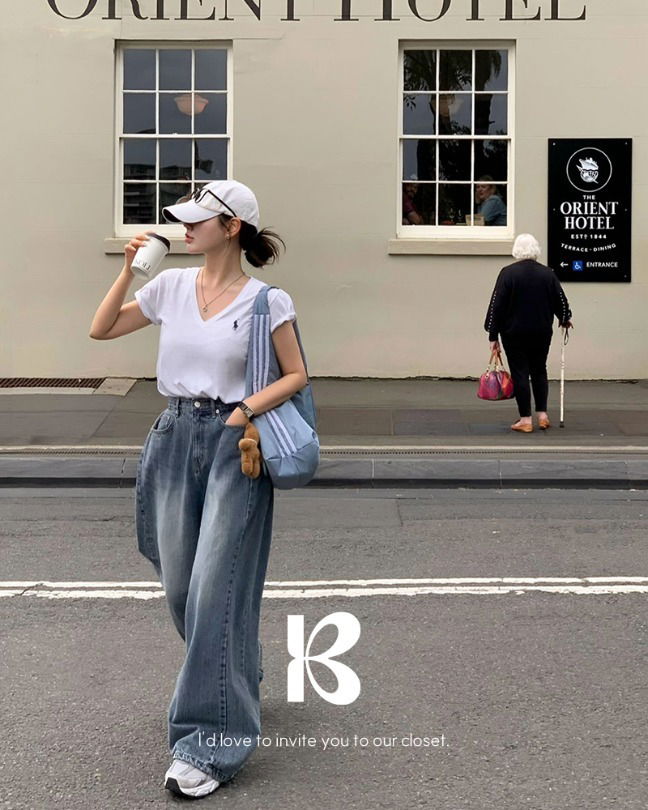 Folding side pin tuck denim wide pants