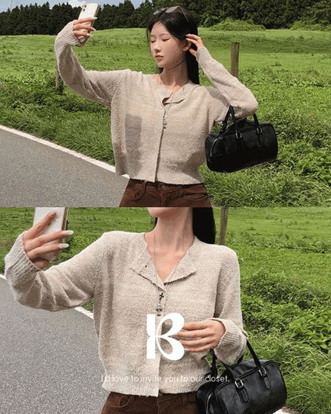 피넛 부클 세미 크롭 긴팔 가디건