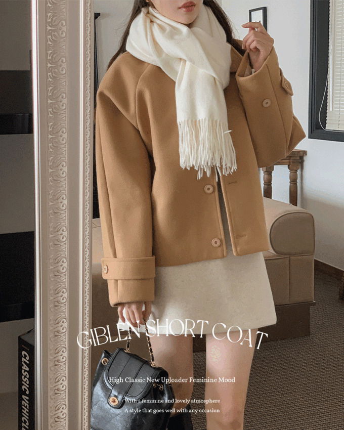 Gibblen Caraneck Loose Loose-fit Raglan A-Line Single Pocket Sleeve Belt Short Coat Jacket