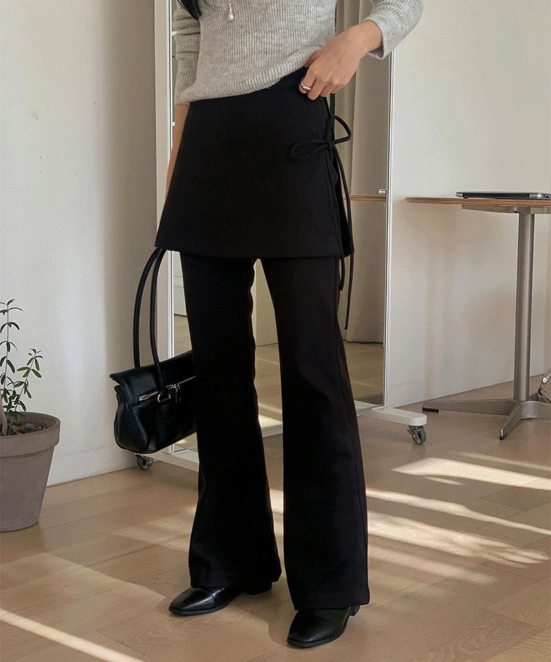 Yaki Layered Wrap Skirt Pants (Fleece Lining, Bootcut)