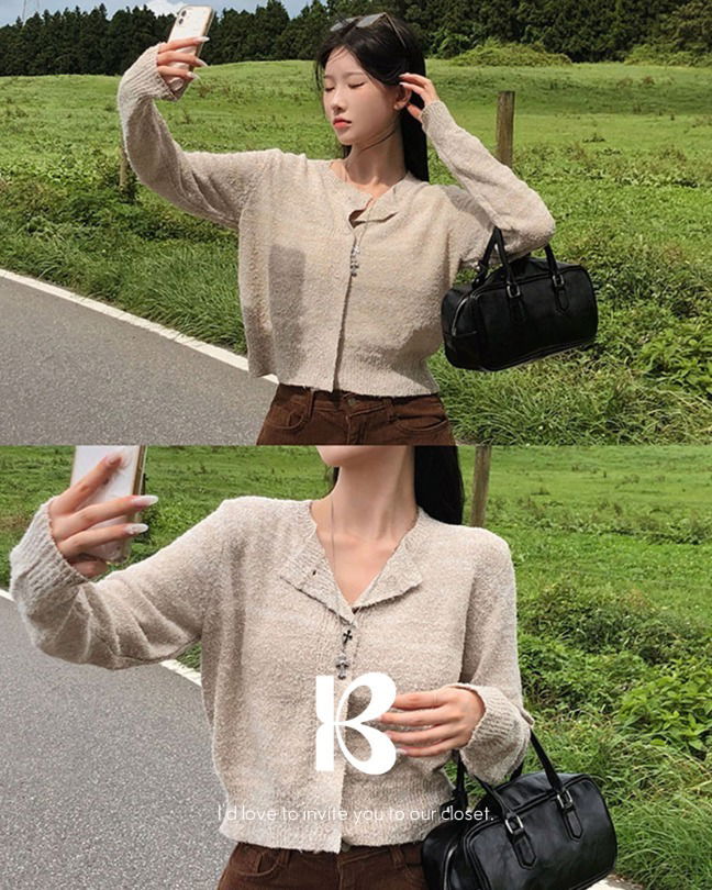 Peanut boucle semi-crop long-sleeved cardigan